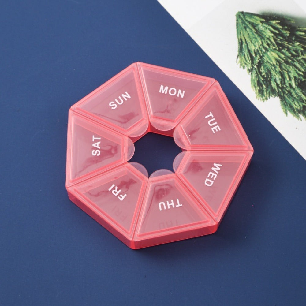 1PC 7-Day Pill Organizer |   Round Weekly Planner With Single-Hand Lock |   Durable Safe Plastic Material |   Large Travel Size |   Bright Colors For Vitamins & Supplements |   Fish Oil Storage Box