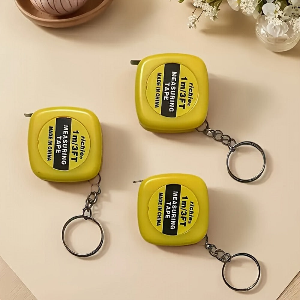 1PC Compact Stainless Steel Tape Measure Keychain, Multifunctional Pocket Ruler, 3.28 Feet / 1m Square Design, Yellow Body With Black Label, Lead-Free Measuring Tool With Metal Ring ( 3.5cm / 1.38inch )