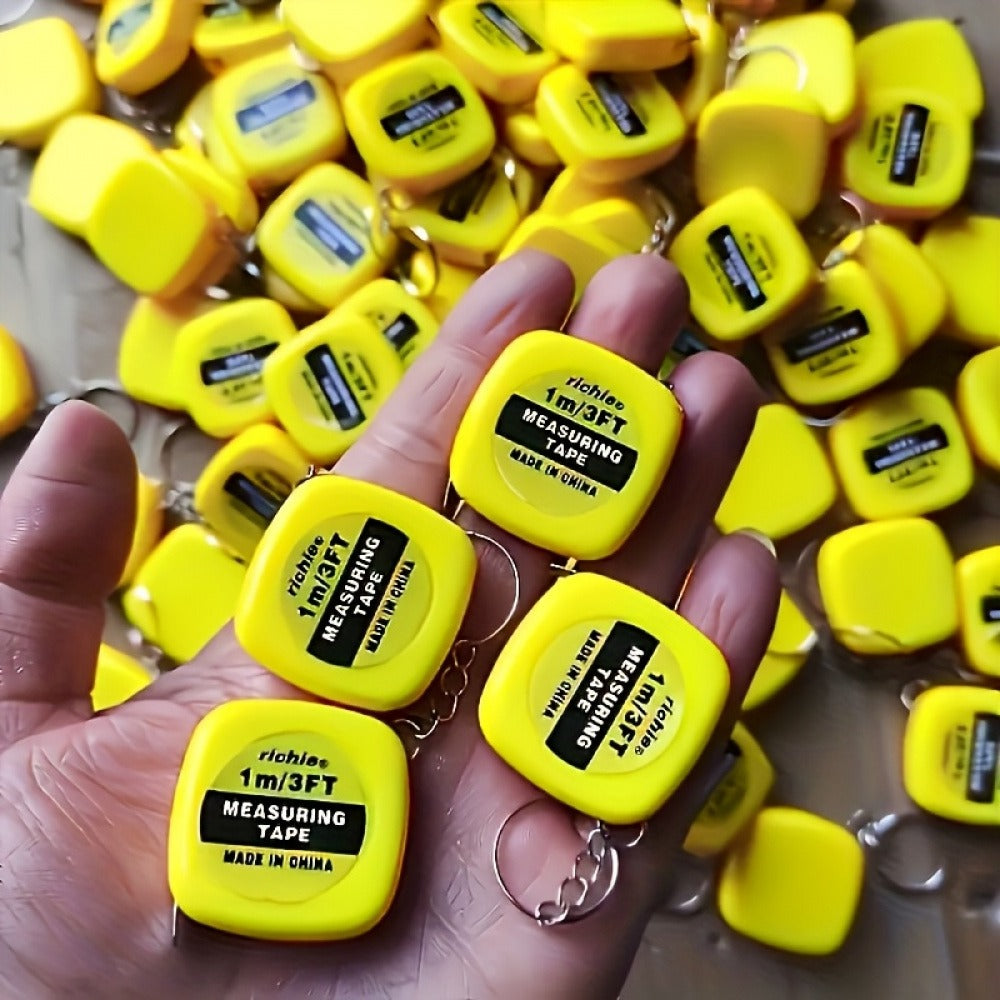 1PC Compact Stainless Steel Tape Measure Keychain, Multifunctional Pocket Ruler, 3.28 Feet / 1m Square Design, Yellow Body With Black Label, Lead-Free Measuring Tool With Metal Ring ( 3.5cm / 1.38inch )