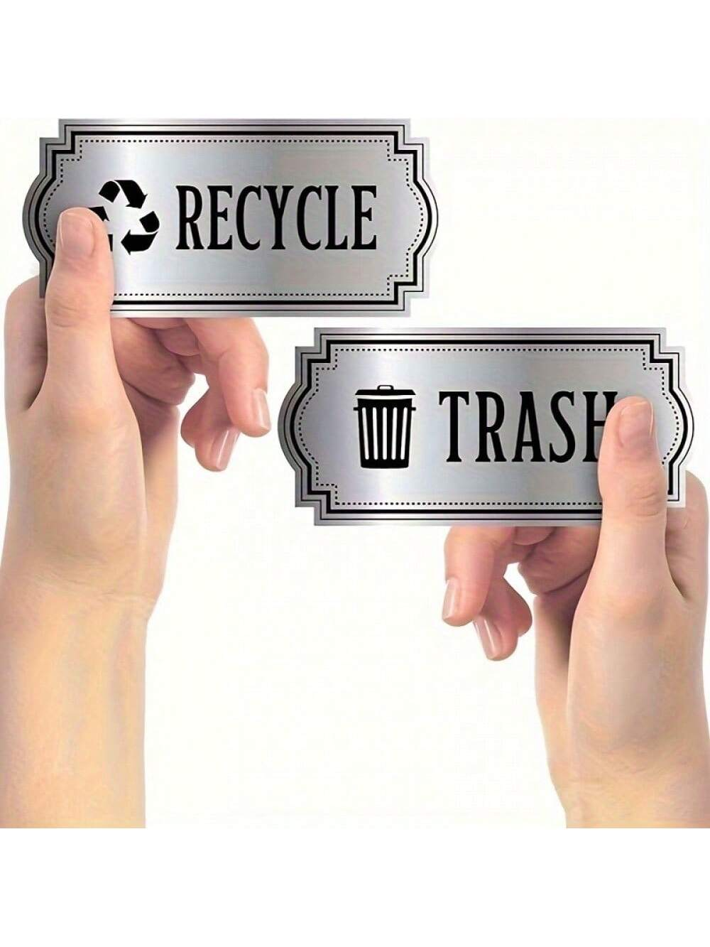 2pcs Recycle And Trash Bin Decal Stickers - Premium PE Material, Brushed Silver Vinyl - Easy To Apply, Waterproof & UV Resistant