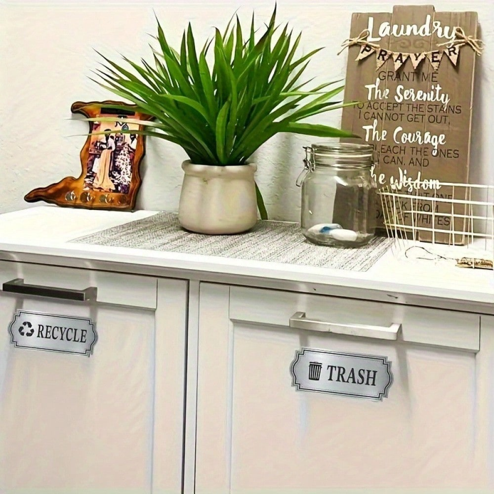 2pcs Recycle And Trash Bin Decal Stickers - Premium PE Material, Brushed Silver Vinyl - Easy To Apply, Waterproof & UV Resistant