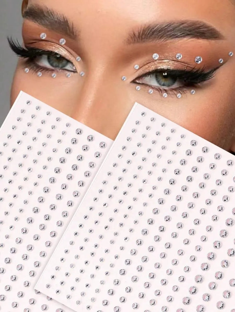 2pcs-PACK Multi-Size Faux Crystal Silver Rhinestone 3D Face Jewel Stickers, For Festival Party, Daily Use, DIY Music Festival Makeup, Can Be Applied To Hair, Eyes, Face, Body