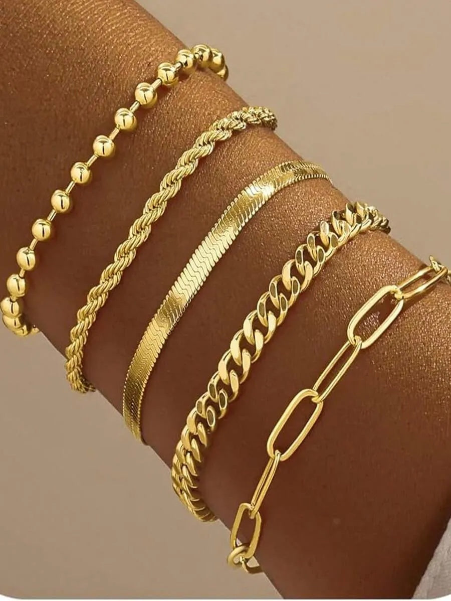 1PACK(5pcs) Gold Bracelet For Women, Delicate Bracelet Set For Fashionable Women, Gold Bracelet Can Be Stacked With Beads, Paper Clips, Hearts, Snakes, Ropes, Pearls, Crosses, Bracelets