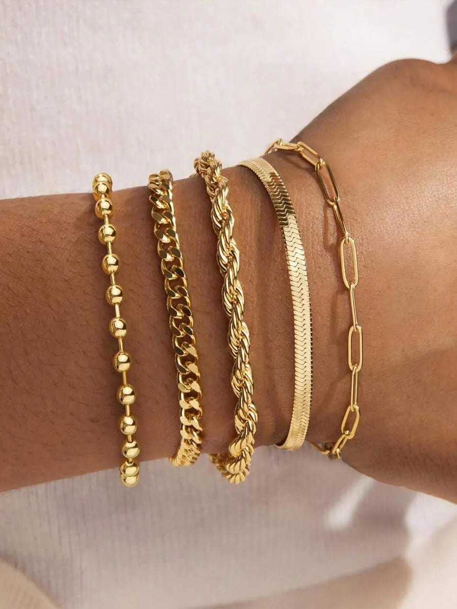1PACK(5pcs) Gold Bracelet For Women, Delicate Bracelet Set For Fashionable Women, Gold Bracelet Can Be Stacked With Beads, Paper Clips, Hearts, Snakes, Ropes, Pearls, Crosses, Bracelets