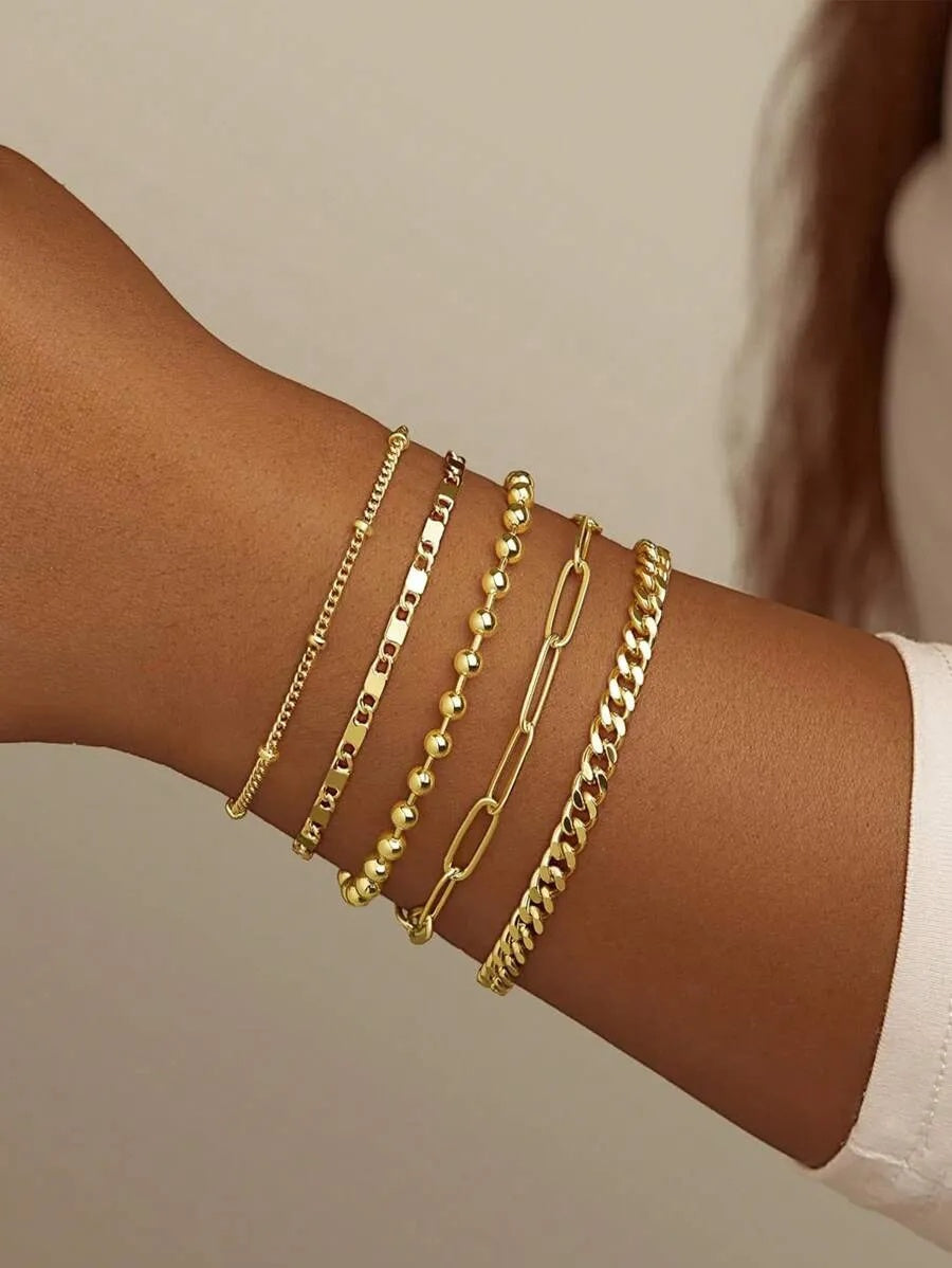 1PACK(5pcs) Gold Bracelet For Women, Delicate Bracelet Set For Fashionable Women, Gold Bracelet Can Be Stacked With Beads, Paper Clips, Hearts, Snakes, Ropes, Pearls, Crosses, Bracelets
