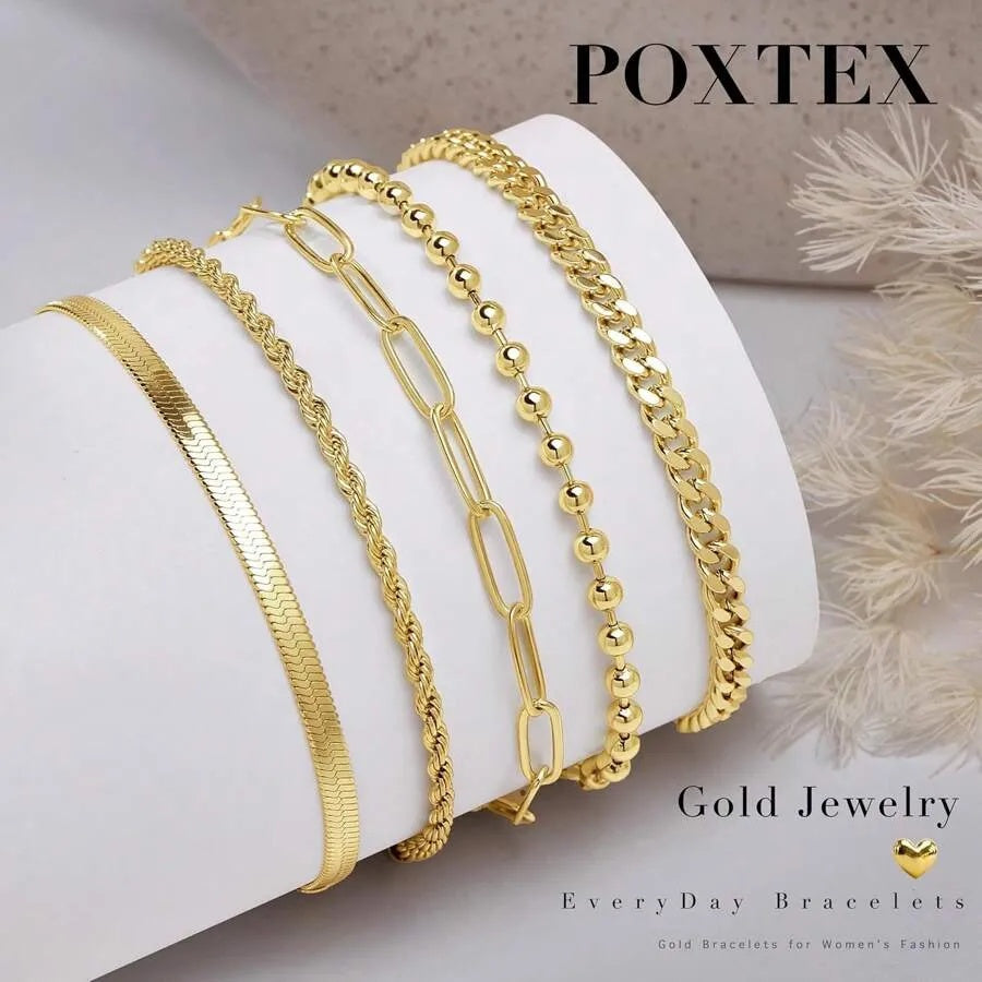 1PACK(5pcs) Gold Bracelet For Women, Delicate Bracelet Set For Fashionable Women, Gold Bracelet Can Be Stacked With Beads, Paper Clips, Hearts, Snakes, Ropes, Pearls, Crosses, Bracelets