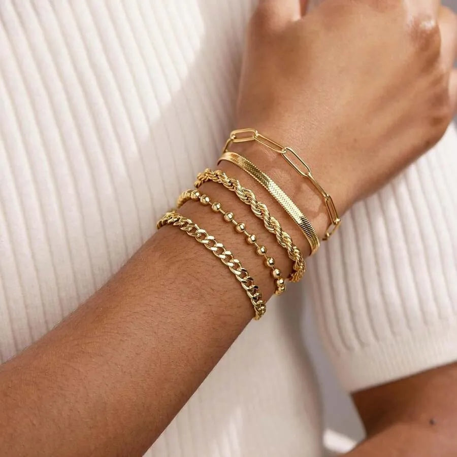 1PACK(5pcs) Gold Bracelet For Women, Delicate Bracelet Set For Fashionable Women, Gold Bracelet Can Be Stacked With Beads, Paper Clips, Hearts, Snakes, Ropes, Pearls, Crosses, Bracelets