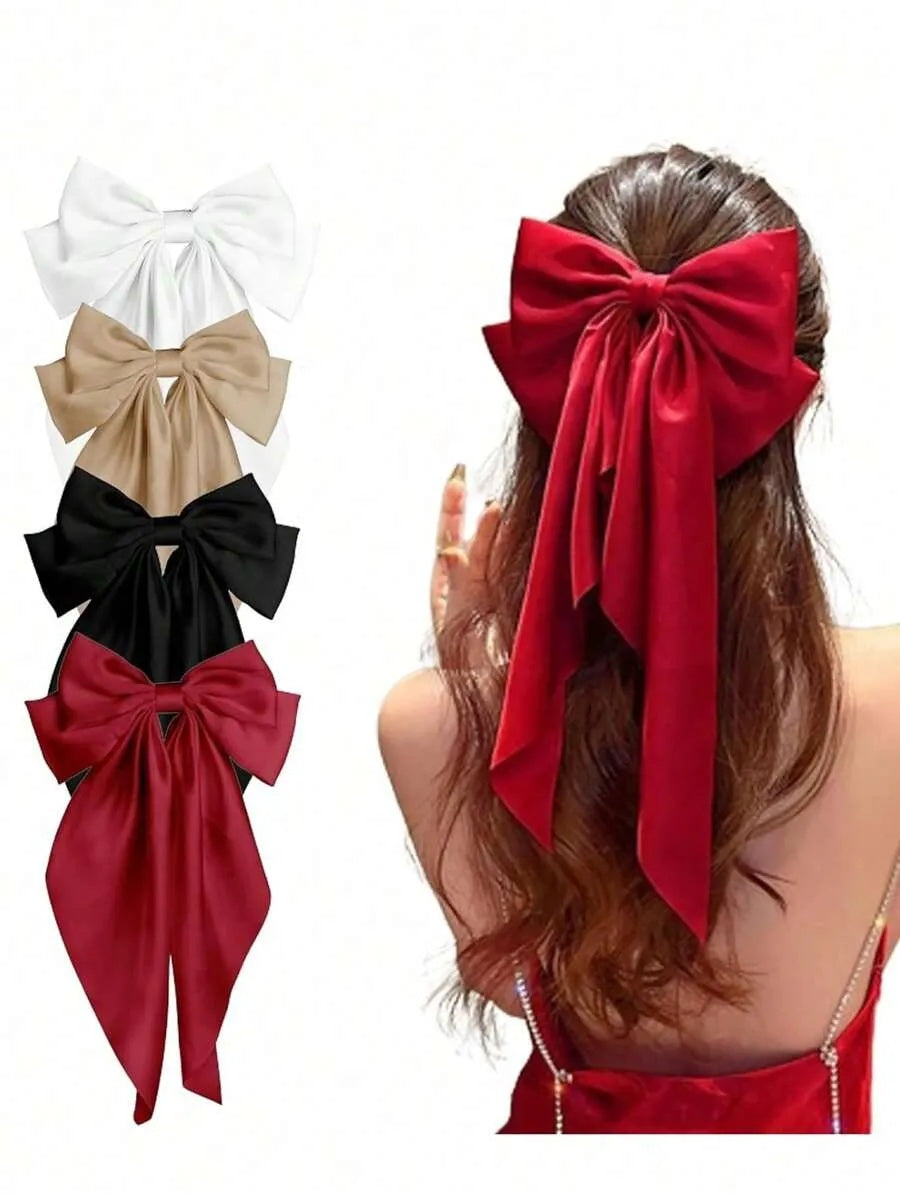 1PC Women's Red Satin Silk Large Bow Hair Clips, Fashion Versatile High-End Elegant Simple Solid Color Hair Accessories, Suitable For Daily Outing, Casual, Party, Commuting, Vacation, Hair Bun,