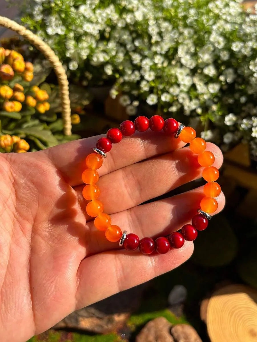 1PC Prosperity And Good Luck Stretch Bracelet - 8mm Orange Quartz With Red Gradient, Wealth Gemstone Perfect Gift For Any Occasion