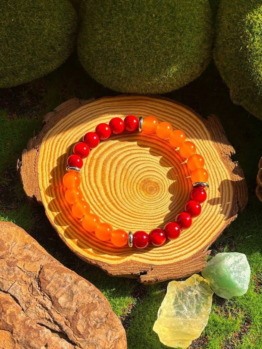 1PC Prosperity And Good Luck Stretch Bracelet - 8mm Orange Quartz With Red Gradient, Wealth Gemstone Perfect Gift For Any Occasion