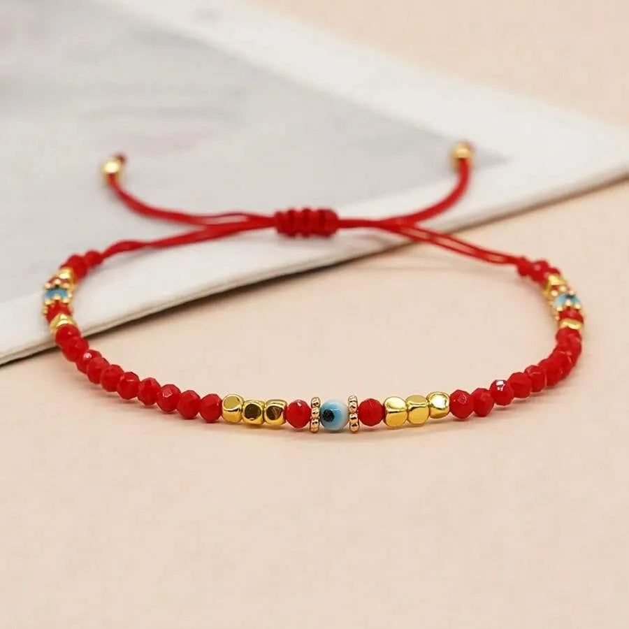 1PC Red Crystal Beaded Bracelet With Gold Accents And Blue Evil Eye - Attracts Wealth, Ideal Gift For Friends And Family, Elegant Vintage Style, All Season Charm