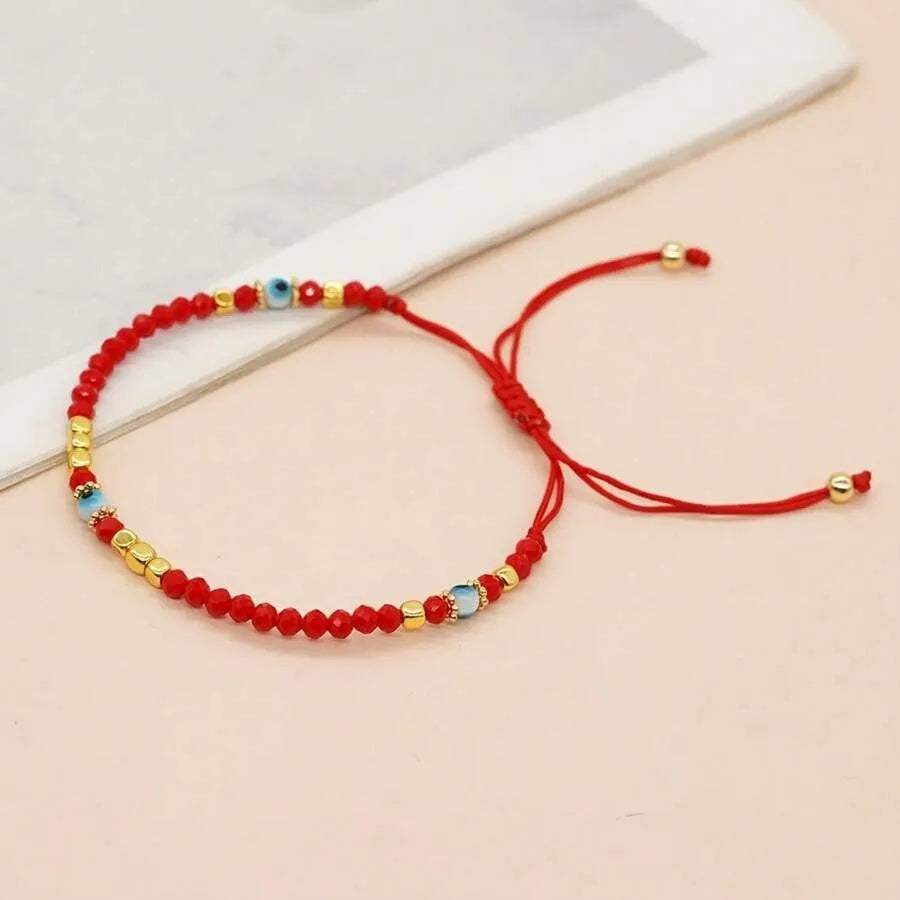 1PC Red Crystal Beaded Bracelet With Gold Accents And Blue Evil Eye - Attracts Wealth, Ideal Gift For Friends And Family, Elegant Vintage Style, All Season Charm