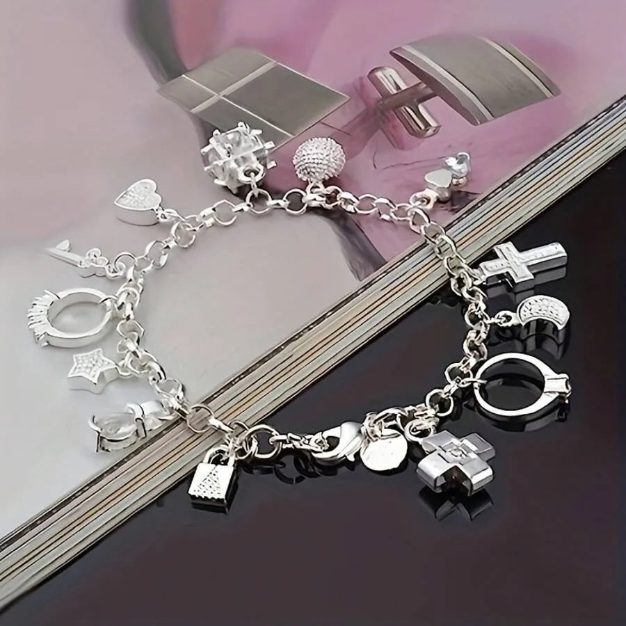 1PC Fashion  Women's Silver Bracelet Set 13 Pieces Pendant Bracelet Women's Gift Bracelet And Jewelry, Exquisite Accessories