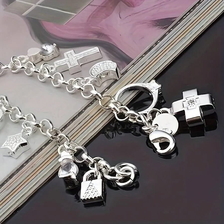 1PC Fashion  Women's Silver Bracelet Set 13 Pieces Pendant Bracelet Women's Gift Bracelet And Jewelry, Exquisite Accessories