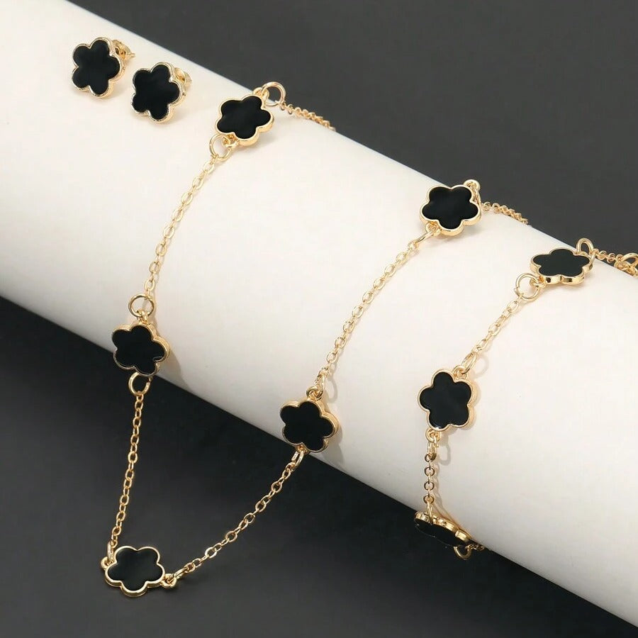 4PCS(1 SET) Five-Leaf Grass Jewelry Set Ladies Retro Style Drop Oil Lucky Flower Necklace Bracelet Bracelet Earrings Jewelry Valentine's Day Gift Valentines