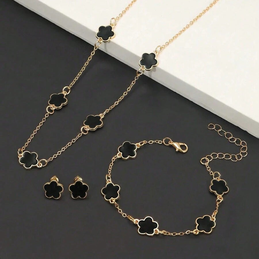 4PCS(1 SET) Five-Leaf Grass Jewelry Set Ladies Retro Style Drop Oil Lucky Flower Necklace Bracelet Bracelet Earrings Jewelry Valentine's Day Gift Valentines