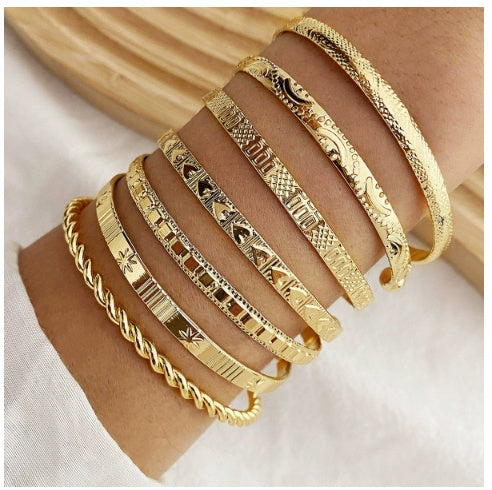 7pcs/Set European And American Style Bangle Set With Hammered, Arrow, Floral, Exaggerated Hexagram Design, Twist Open Bracelets Jewelry Gifts