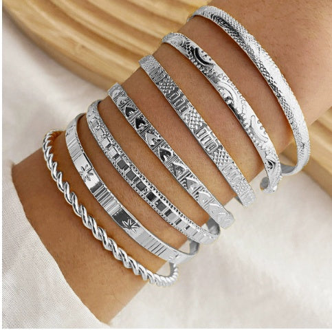 7pcs/Set European And American Style Bangle Set With Hammered, Arrow, Floral, Exaggerated Hexagram Design, Twist Open Bracelets Jewelry Gifts