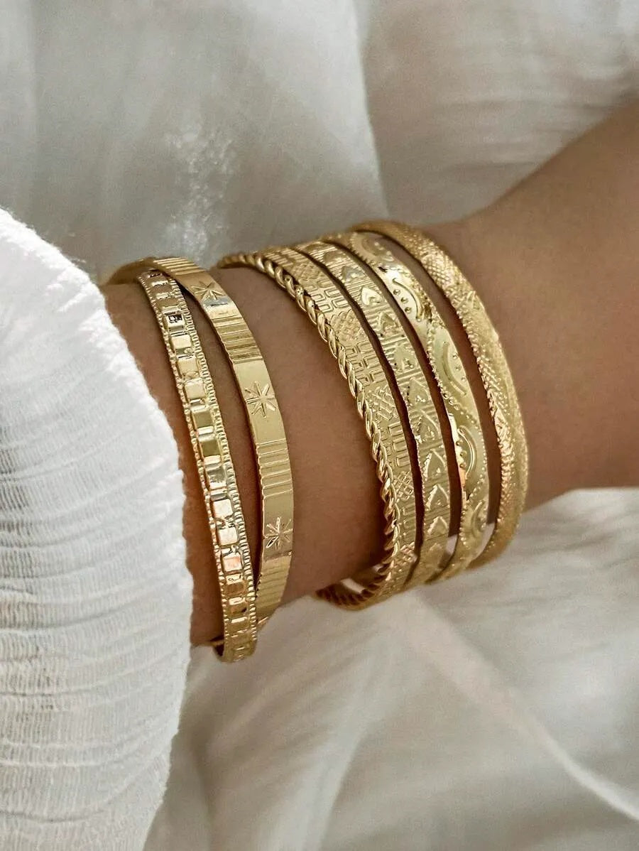 7pcs/Set European And American Style Bangle Set With Hammered, Arrow, Floral, Exaggerated Hexagram Design, Twist Open Bracelets Jewelry Gifts