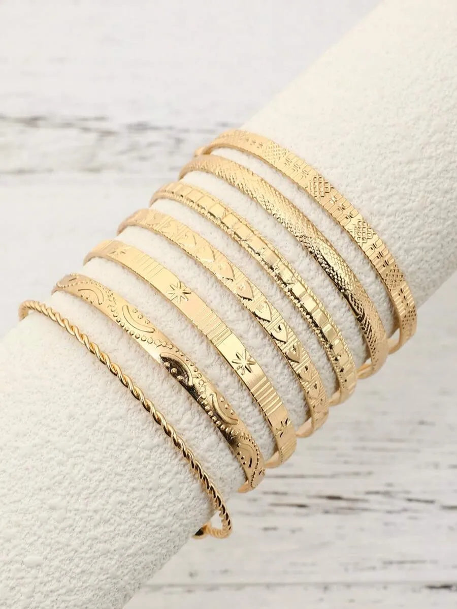 7pcs/Set European And American Style Bangle Set With Hammered, Arrow, Floral, Exaggerated Hexagram Design, Twist Open Bracelets Jewelry Gifts