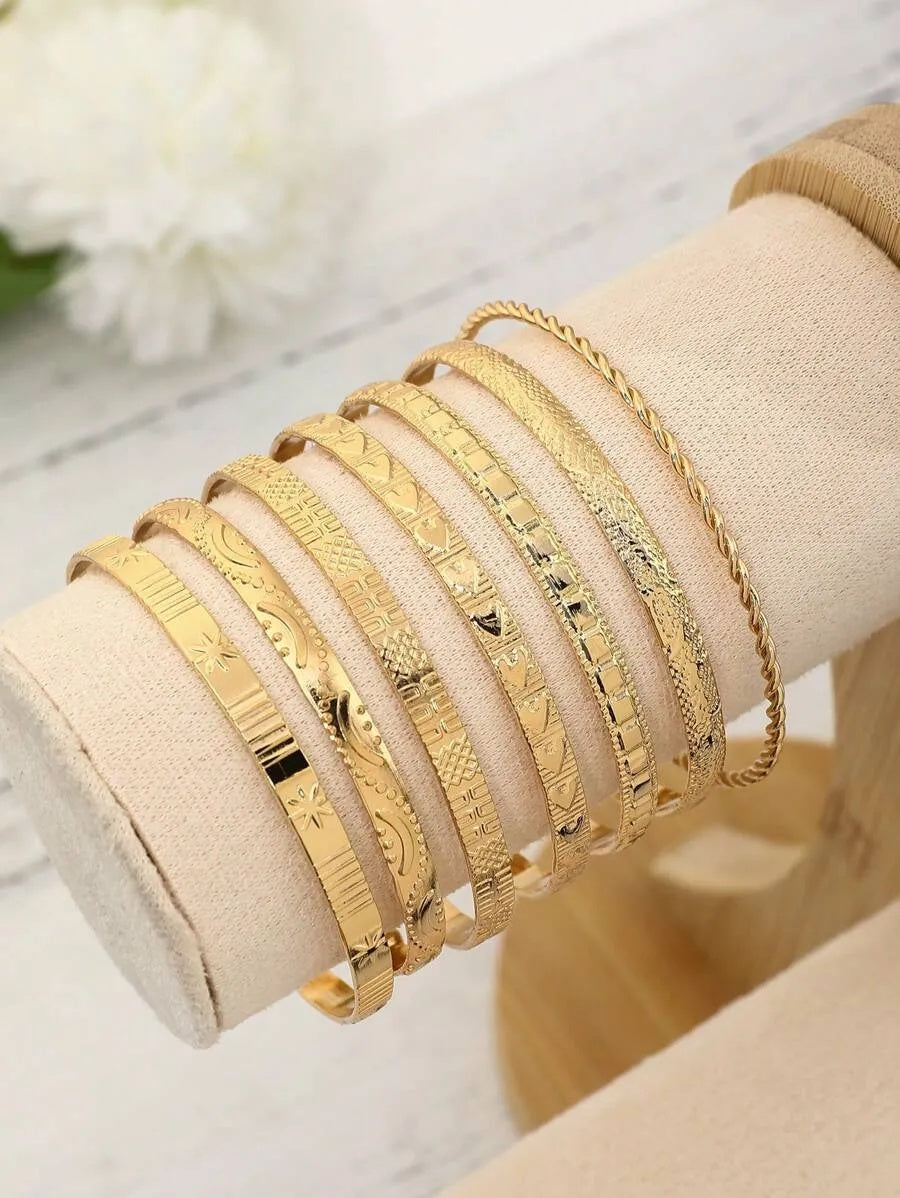 7pcs/Set European And American Style Bangle Set With Hammered, Arrow, Floral, Exaggerated Hexagram Design, Twist Open Bracelets Jewelry Gifts