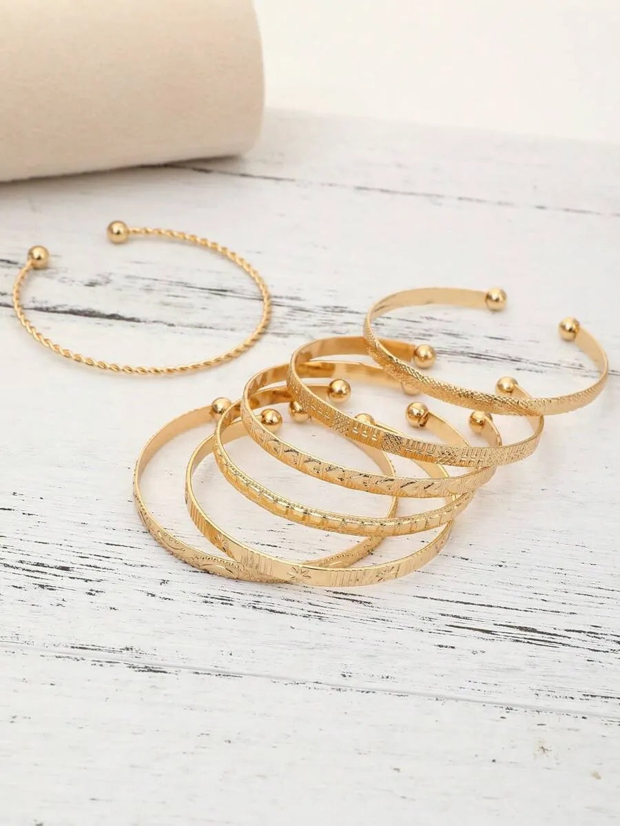 7pcs/Set European And American Style Bangle Set With Hammered, Arrow, Floral, Exaggerated Hexagram Design, Twist Open Bracelets Jewelry Gifts