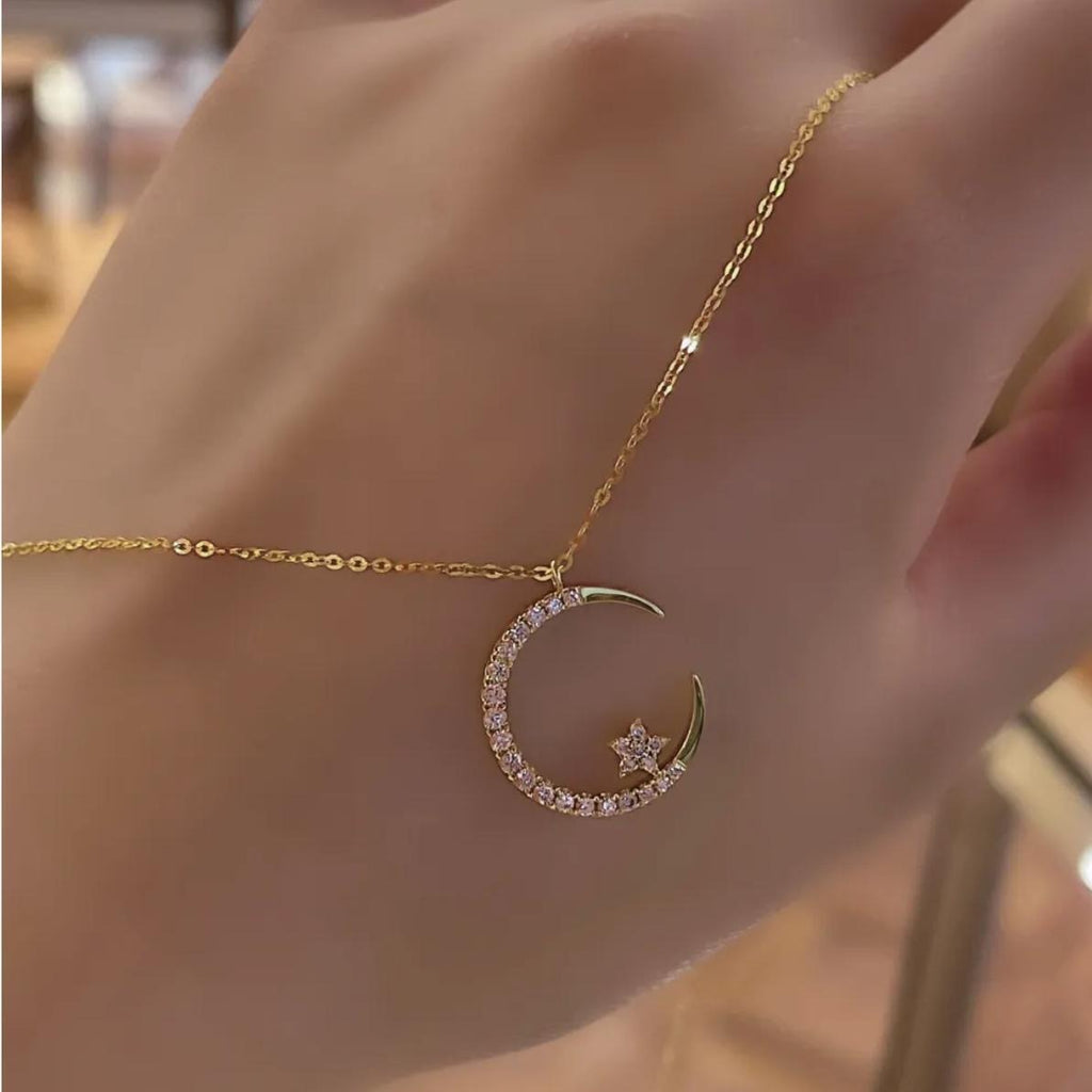 1pc Elegant Rhinestone Studded Star & Moon Necklace, Minimalist Dainty Clavicle Chain For Women, Suitable For Party & Gift