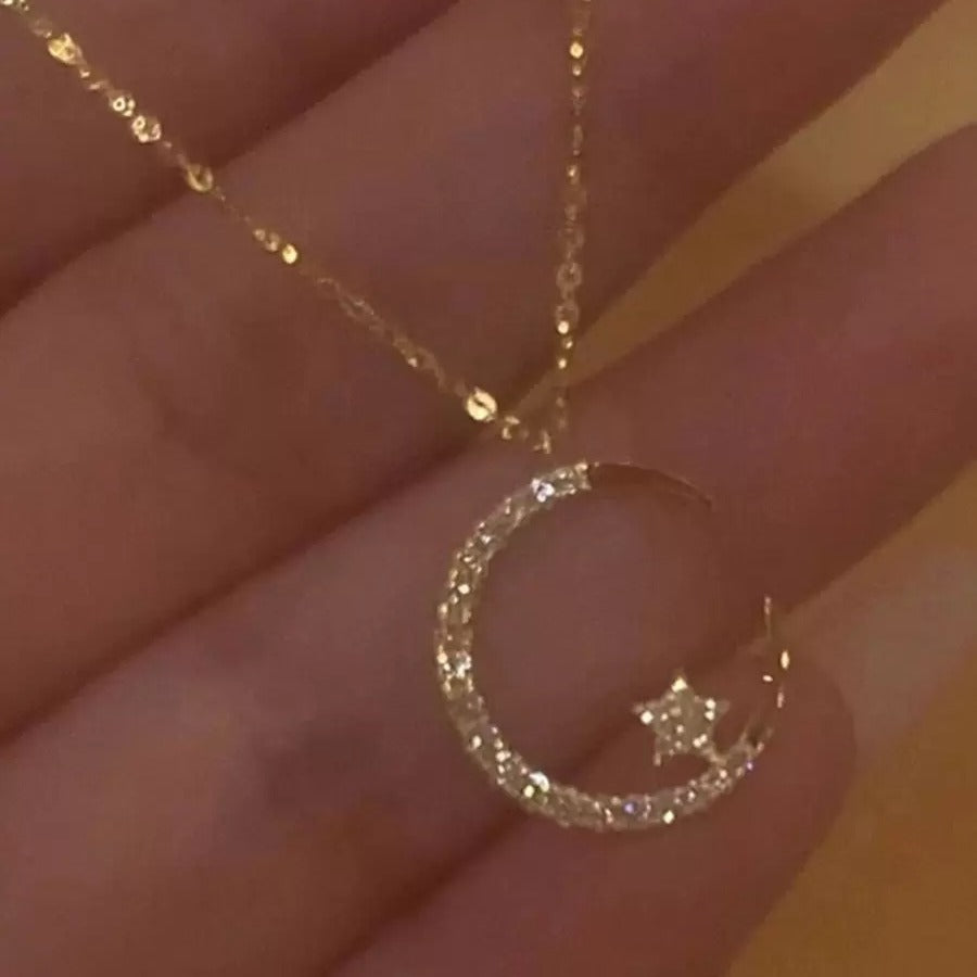 1pc Elegant Rhinestone Studded Star & Moon Necklace, Minimalist Dainty Clavicle Chain For Women, Suitable For Party & Gift