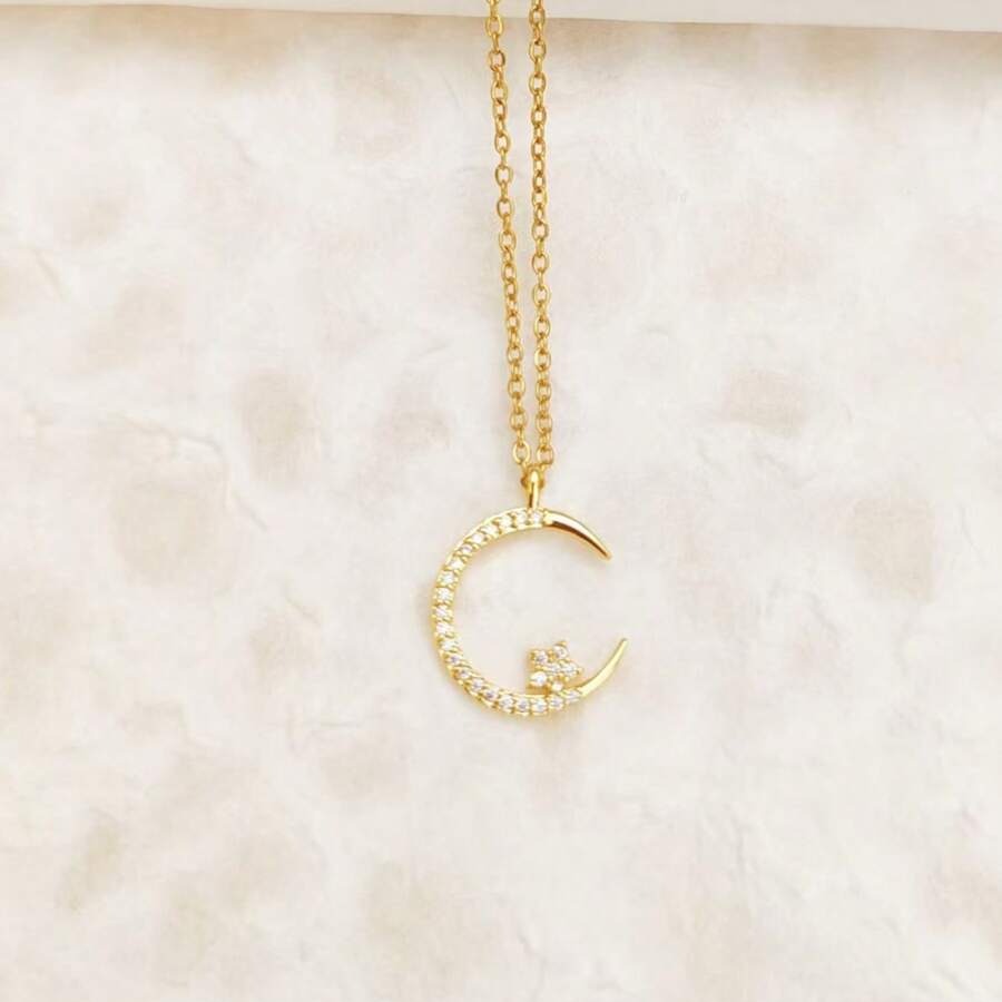 1pc Elegant Rhinestone Studded Star & Moon Necklace, Minimalist Dainty Clavicle Chain For Women, Suitable For Party & Gift