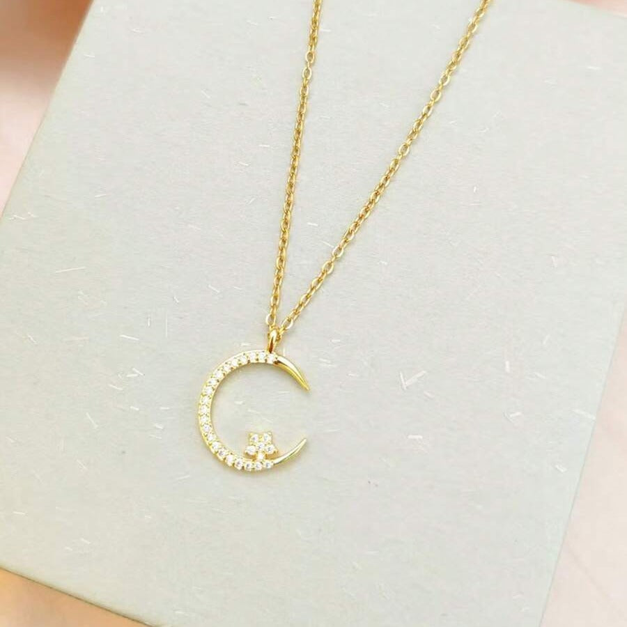 1pc Elegant Rhinestone Studded Star & Moon Necklace, Minimalist Dainty Clavicle Chain For Women, Suitable For Party & Gift