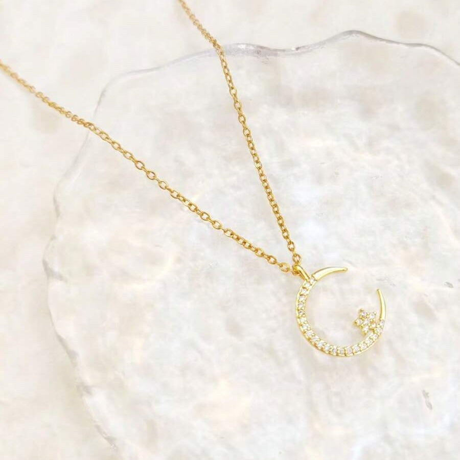 1pc Elegant Rhinestone Studded Star & Moon Necklace, Minimalist Dainty Clavicle Chain For Women, Suitable For Party & Gift
