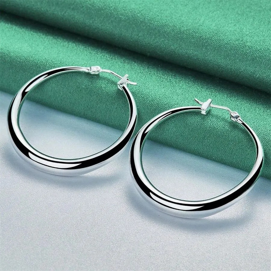 1PAIR Elegant 1 Pair 925 Silver 36MM Polished Round Hoop Earrings Fashion For Women Luxury Gift Christmas Party Charm Jewelry