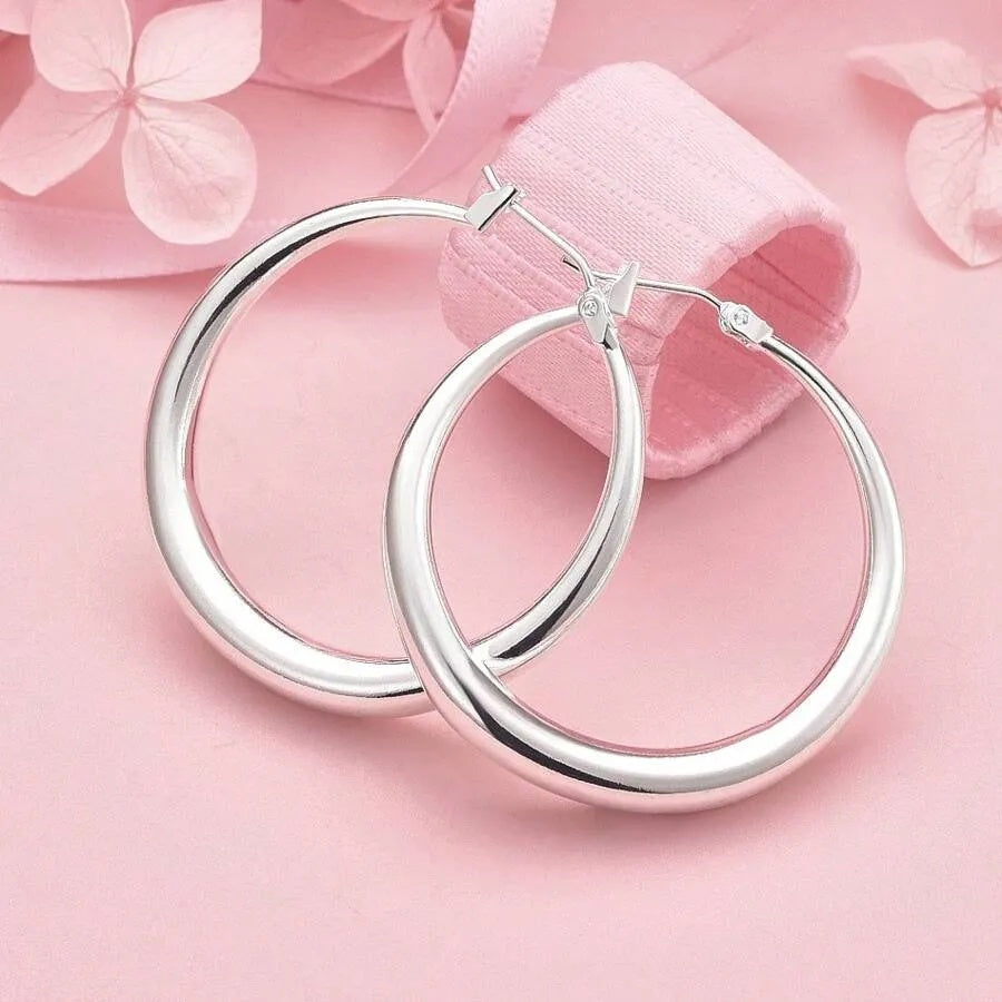 1PAIR Elegant 1 Pair 925 Silver 36MM Polished Round Hoop Earrings Fashion For Women Luxury Gift Christmas Party Charm Jewelry