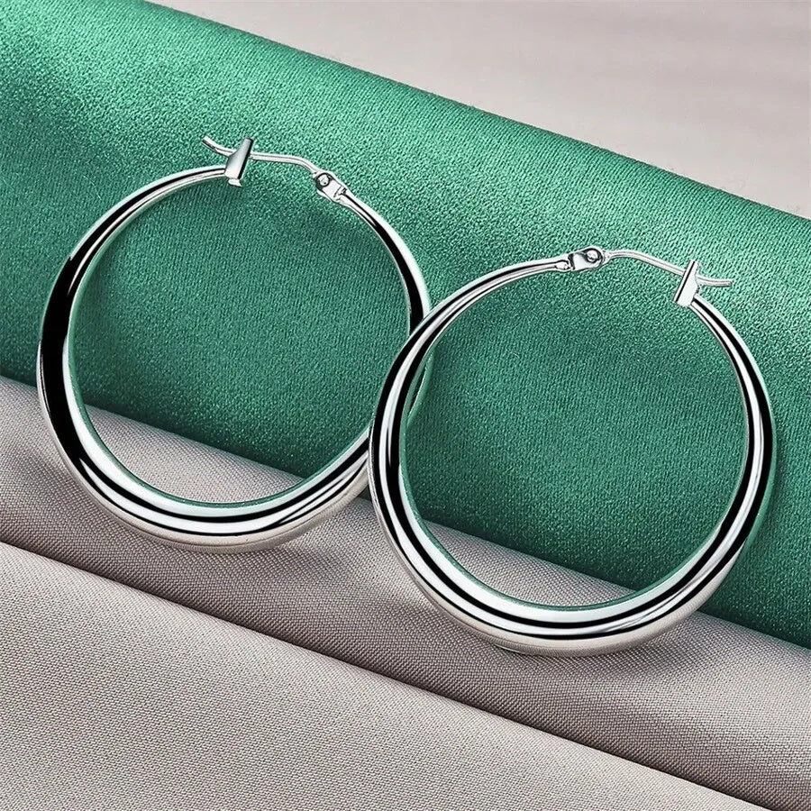 1PAIR Elegant 1 Pair 925 Silver 36MM Polished Round Hoop Earrings Fashion For Women Luxury Gift Christmas Party Charm Jewelry