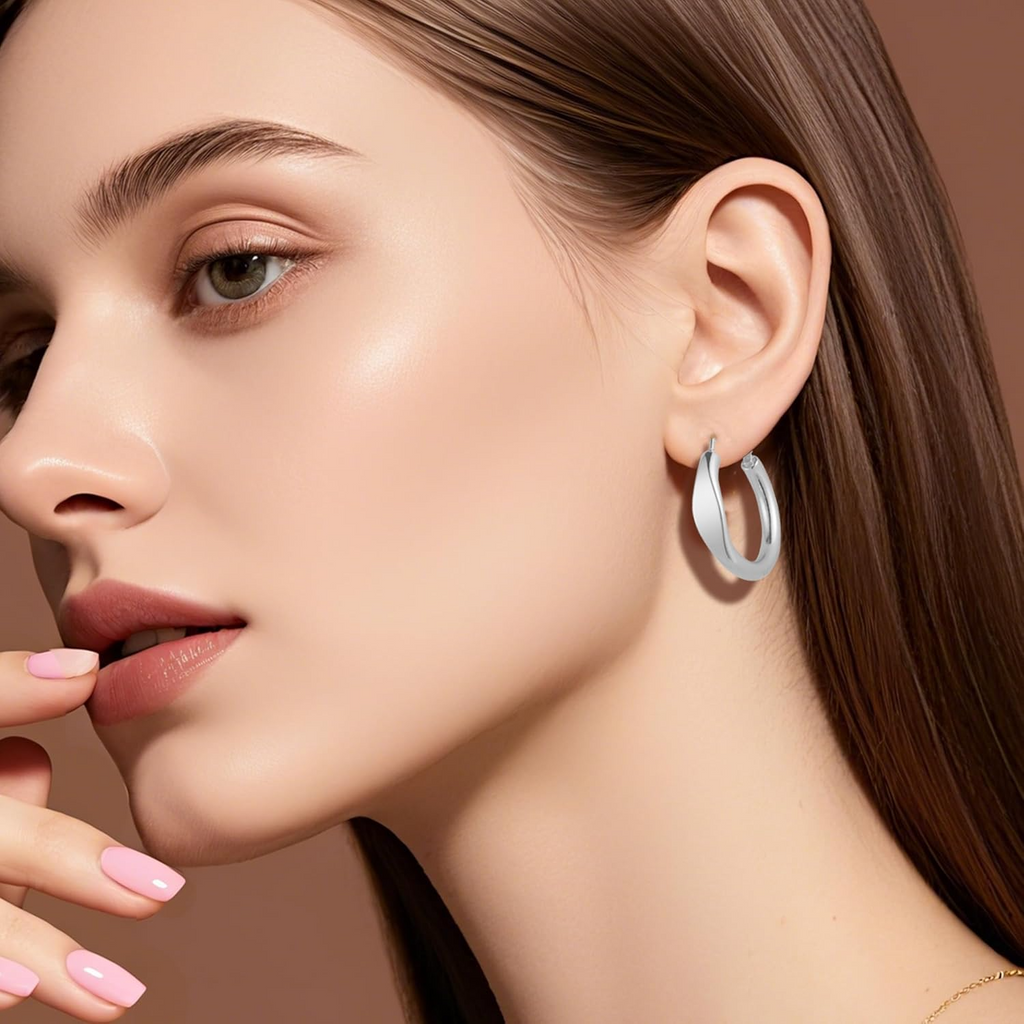 1 Pair Chunky Hoop Earrings for Women – Silver-Plated Stainless Steel Thick Hollow Tube Hoops, Hypoallergenic & Lightweight Design