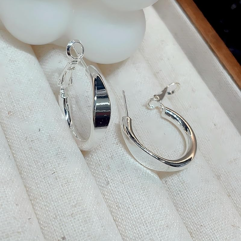 1 Pair Chunky Hoop Earrings for Women – Silver-Plated Stainless Steel Thick Hollow Tube Hoops, Hypoallergenic & Lightweight Design