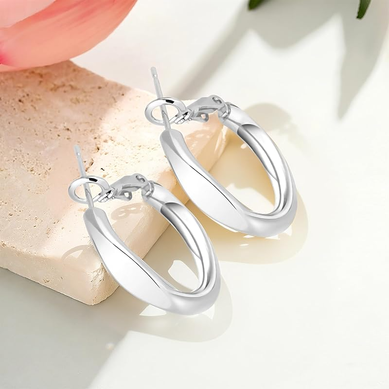 1 Pair Chunky Hoop Earrings for Women – Silver-Plated Stainless Steel Thick Hollow Tube Hoops, Hypoallergenic & Lightweight Design