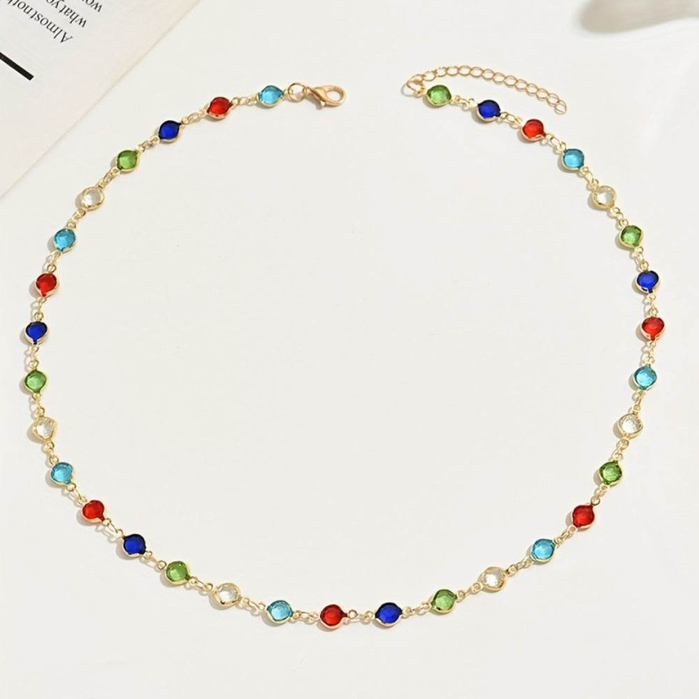 1PC Charming Colorful Round Rhinestone Jewelry, Perfect Gift for Women - Handcrafted Chain with Adjustable Length and Customizable Rhinestone Quantity