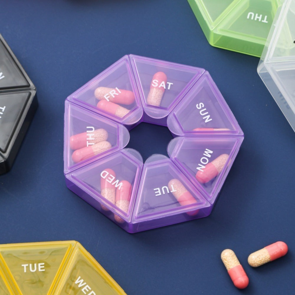 1PC 7-Day Pill Organizer |   Round Weekly Planner With Single-Hand Lock |   Durable Safe Plastic Material |   Large Travel Size |   Bright Colors For Vitamins & Supplements |   Fish Oil Storage Box