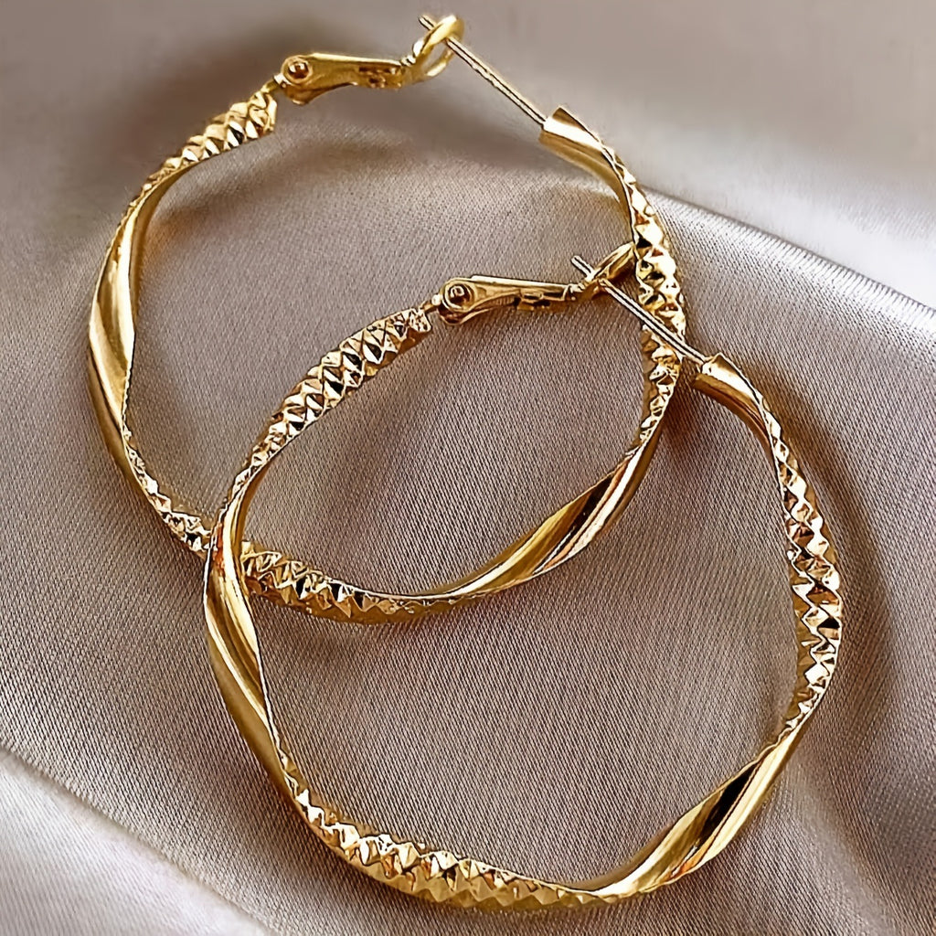1PAIR-GOLD Textured Twist Design Hoop Earrings