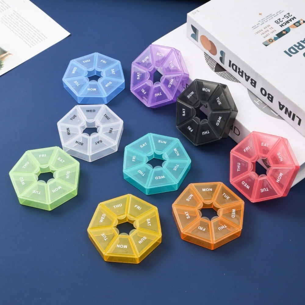 1PC 7-Day Pill Organizer |   Round Weekly Planner With Single-Hand Lock |   Durable Safe Plastic Material |   Large Travel Size |   Bright Colors For Vitamins & Supplements |   Fish Oil Storage Box