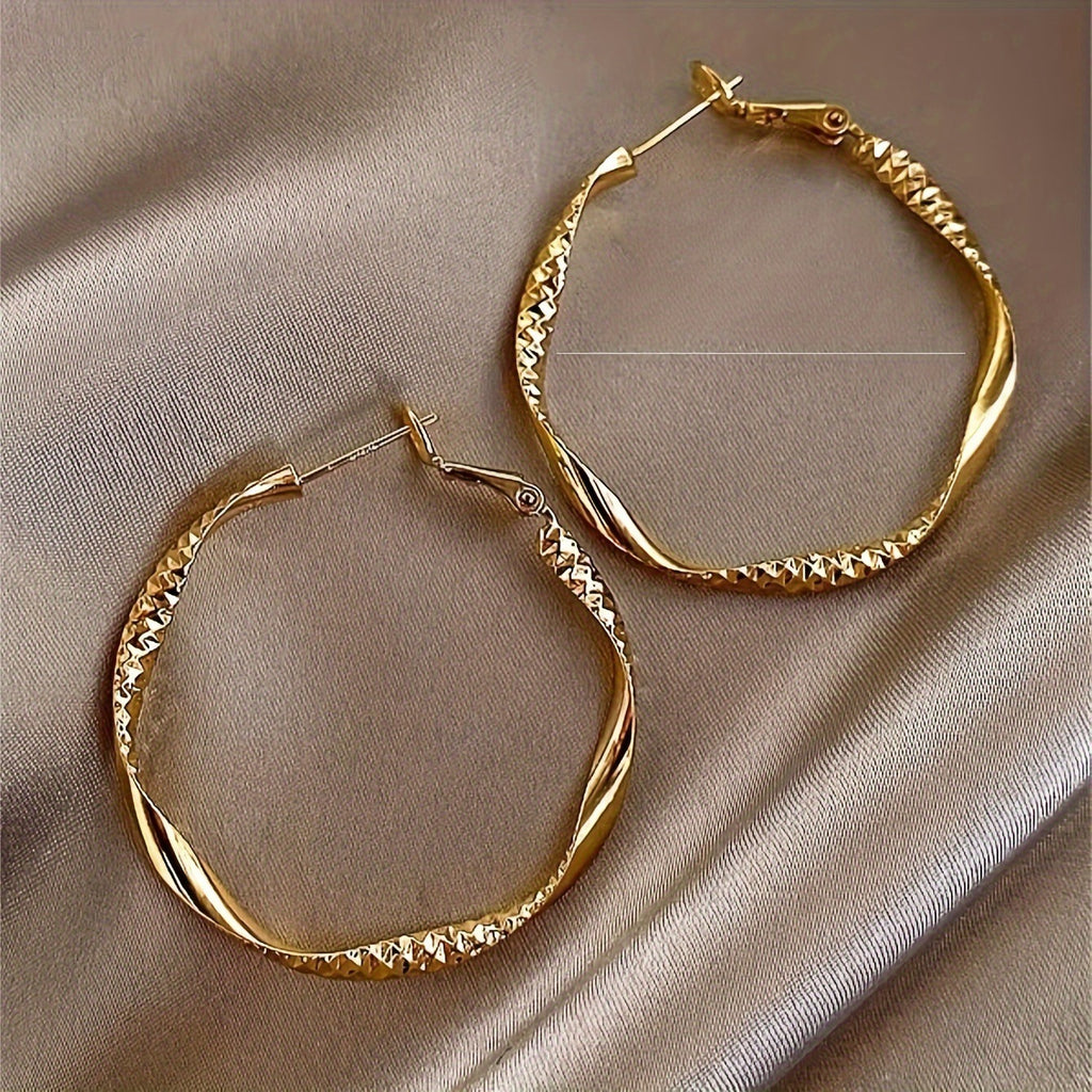 1PAIR-GOLD Textured Twist Design Hoop Earrings