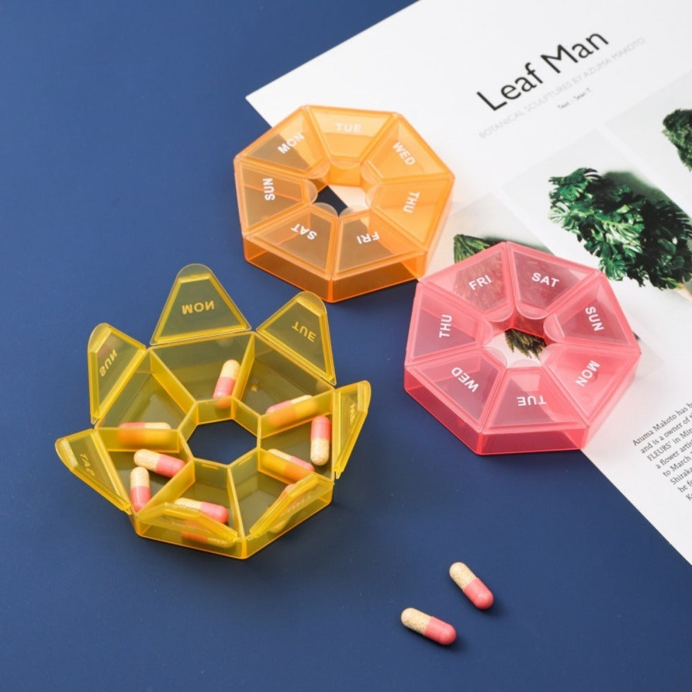 1PC 7-Day Pill Organizer |   Round Weekly Planner With Single-Hand Lock |   Durable Safe Plastic Material |   Large Travel Size |   Bright Colors For Vitamins & Supplements |   Fish Oil Storage Box