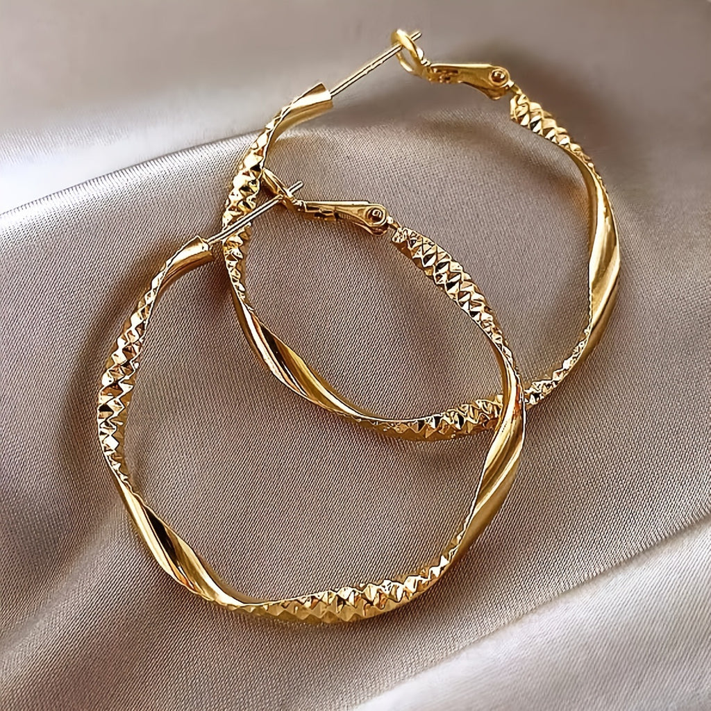 1PAIR-GOLD Textured Twist Design Hoop Earrings