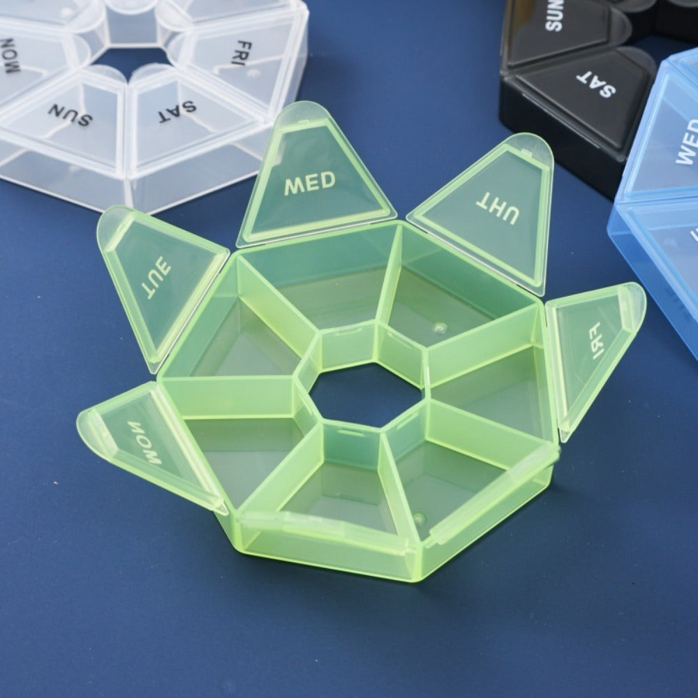 1PC 7-Day Pill Organizer |   Round Weekly Planner With Single-Hand Lock |   Durable Safe Plastic Material |   Large Travel Size |   Bright Colors For Vitamins & Supplements |   Fish Oil Storage Box