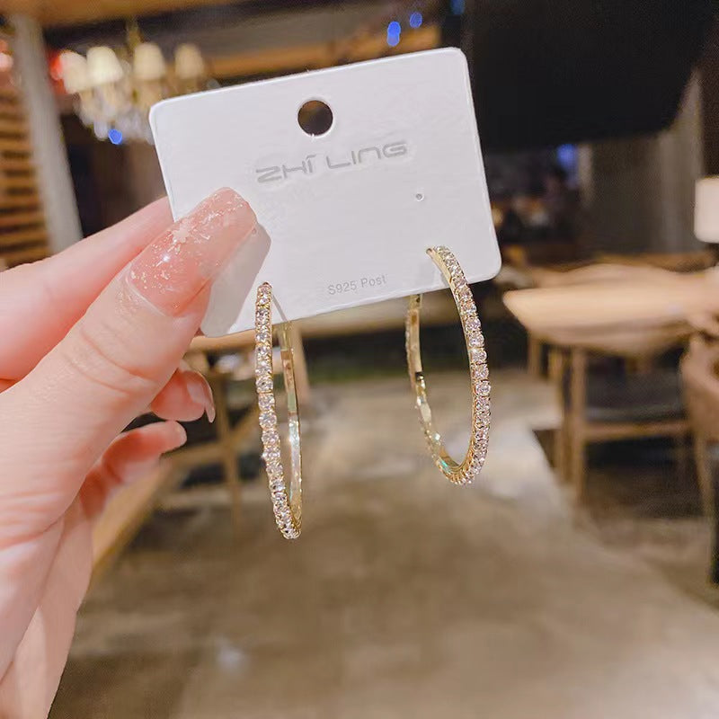 1Pair Stylish Exquisite Full Rhinestone Cubic Zirconia Shiny Bling Bling Oversized Hoop Earrings Set, Suitable For Festival, Party, Dating, Gift And Daily Wear