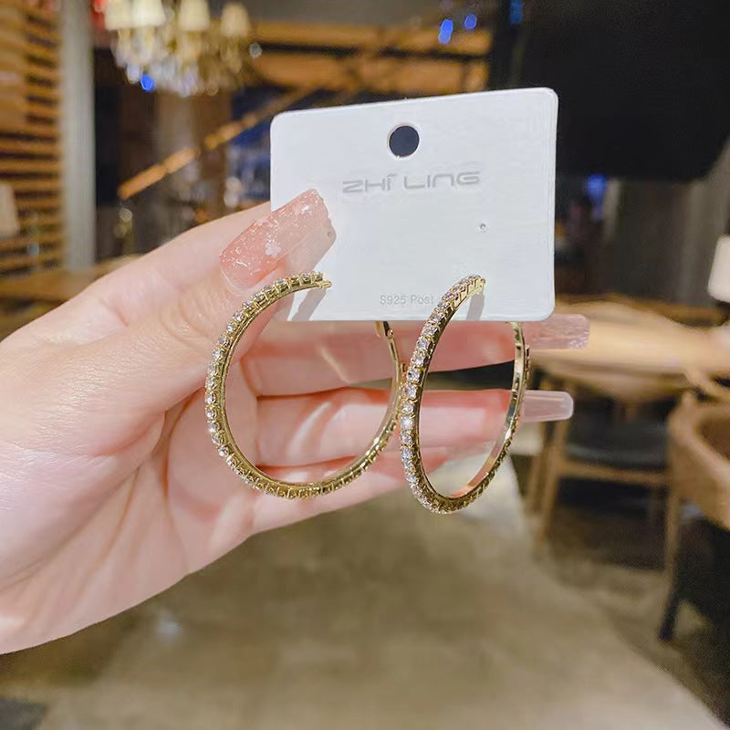 1Pair Stylish Exquisite Full Rhinestone Cubic Zirconia Shiny Bling Bling Oversized Hoop Earrings Set, Suitable For Festival, Party, Dating, Gift And Daily Wear