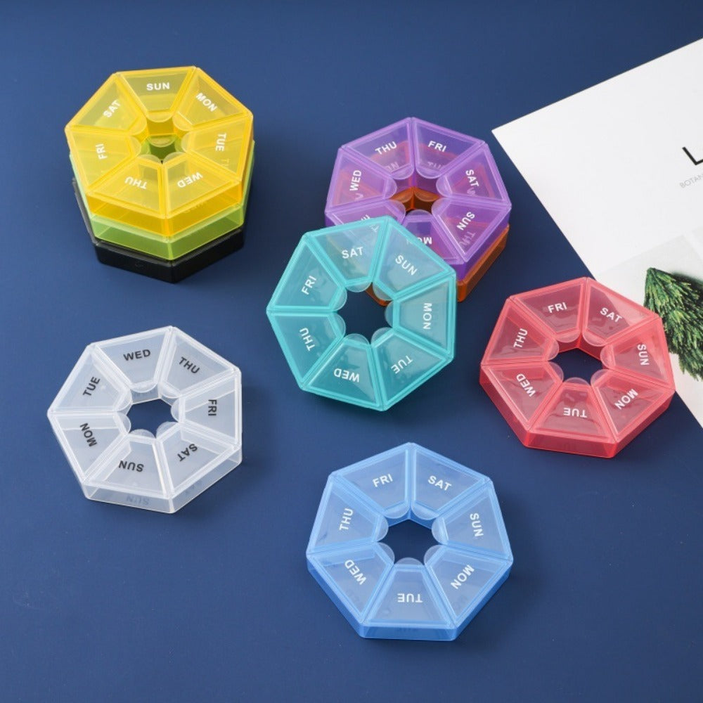 1PC 7-Day Pill Organizer |   Round Weekly Planner With Single-Hand Lock |   Durable Safe Plastic Material |   Large Travel Size |   Bright Colors For Vitamins & Supplements |   Fish Oil Storage Box