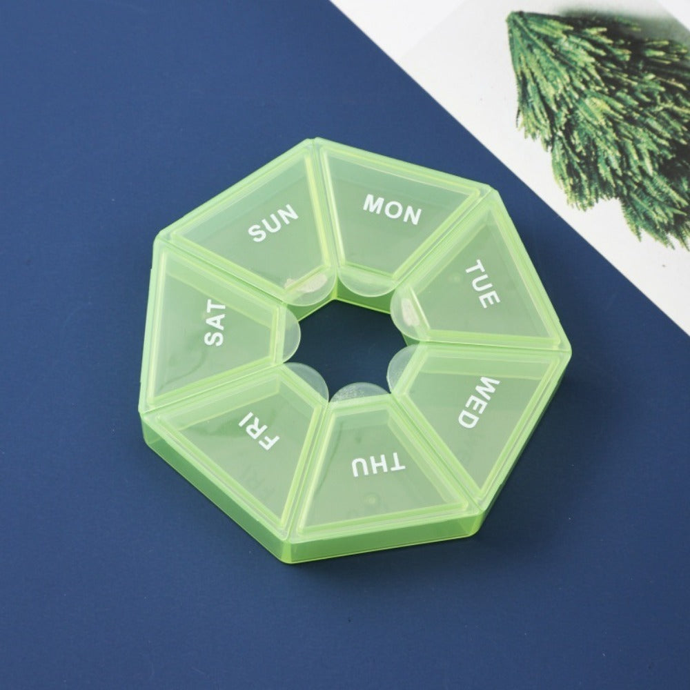 1PC 7-Day Pill Organizer |   Round Weekly Planner With Single-Hand Lock |   Durable Safe Plastic Material |   Large Travel Size |   Bright Colors For Vitamins & Supplements |   Fish Oil Storage Box