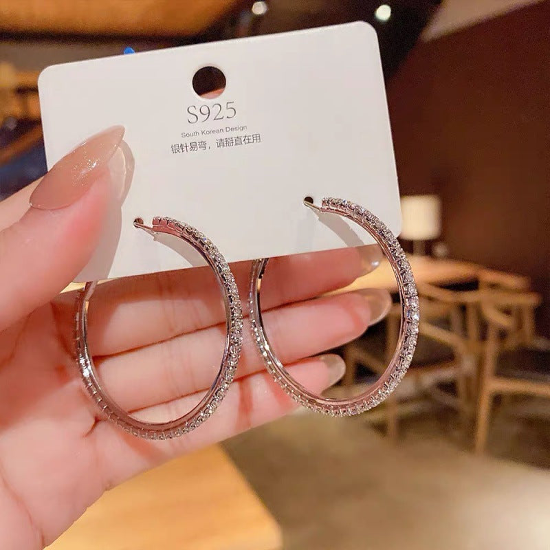 1Pair Stylish Exquisite Full Rhinestone Cubic Zirconia Shiny Bling Bling Oversized Hoop Earrings Set, Suitable For Festival, Party, Dating, Gift And Daily Wear